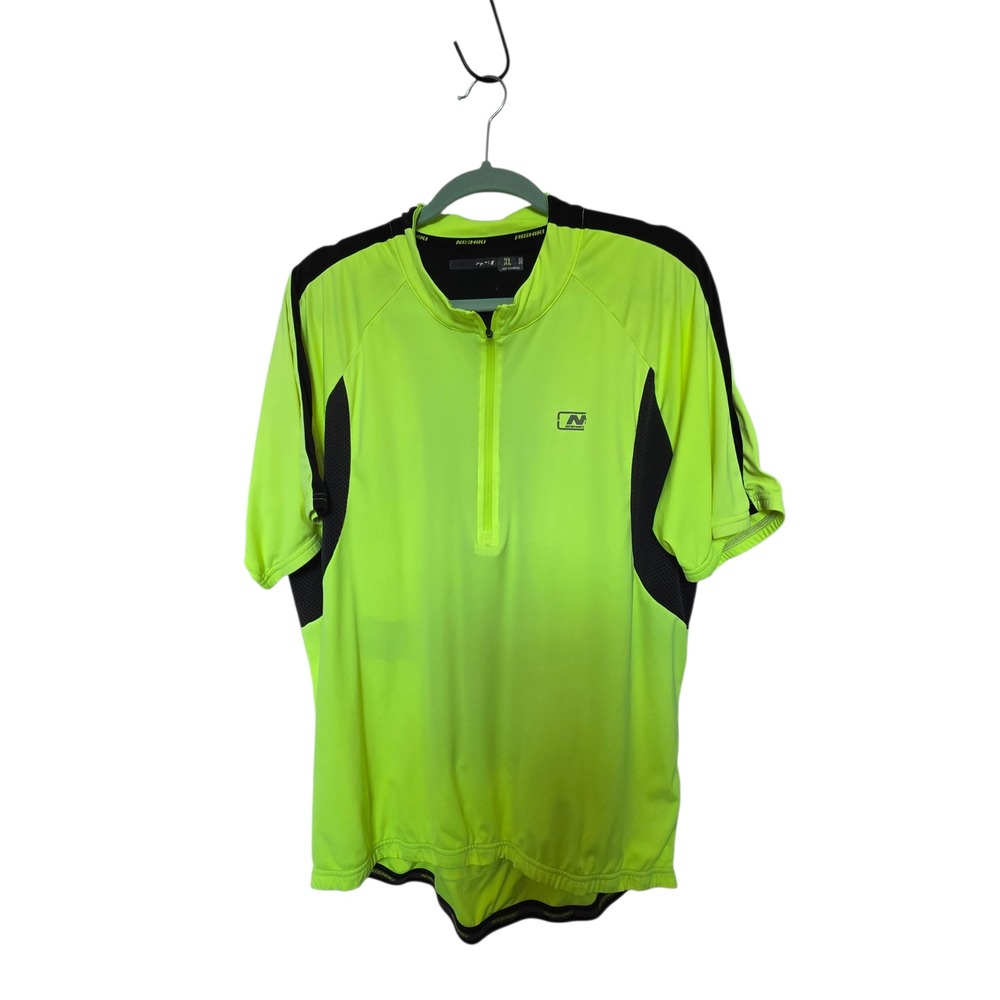 Nishiki Mens XL Cycling Jersey Neon Yellow Black Short Sleeve 1/4 Zip Bike Shirt